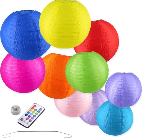 Nylon Lampionnen - 10 stuks - 25 en 35cm - Incl. LED met afstandbediening - Incl. ophanghaakjes