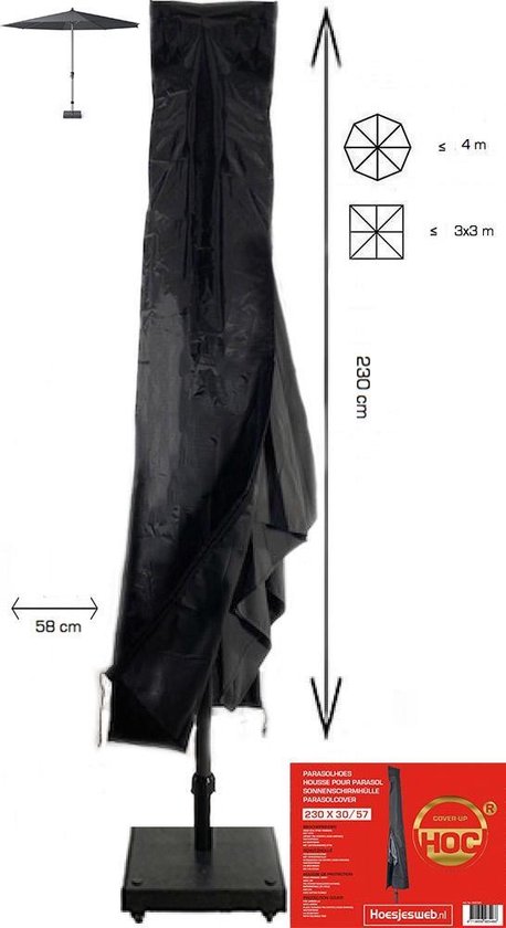 Parasolhoes staande parasol met Stok en Rits 230x30/57 cm. Beschermhoes Parasol / Afdekhoes Parasol met rits en stok Zwart 230 x 30/57cm / Zware dikke kwaliteit