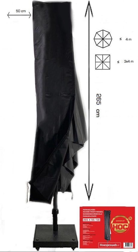 ZweefParasolhoes met Rits 265 cm. Beschermhoes Parasol / Afdekhoes Parasol met rits en stok Zwart 265x50/58/ Zware dikke kwaliteit