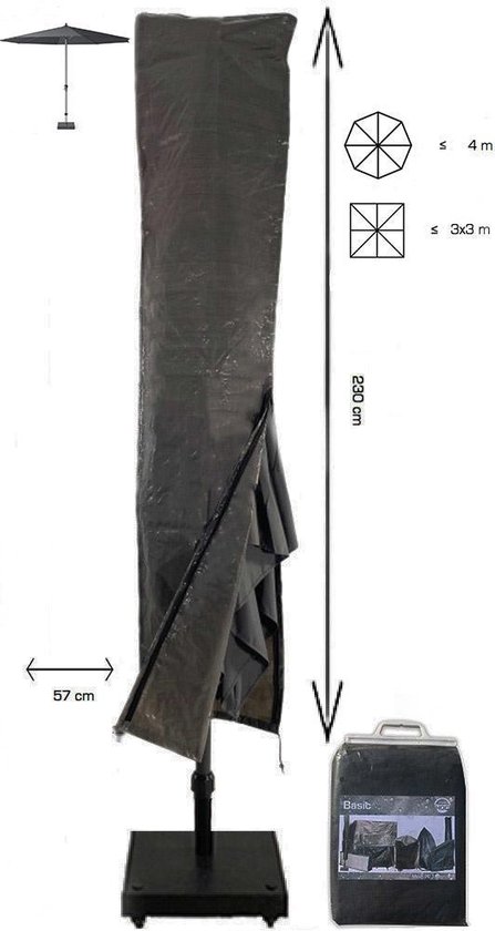 Basic Parasolhoes staande parasol met stok en rits 230x30x57 cm - Grijze Parasolhoes