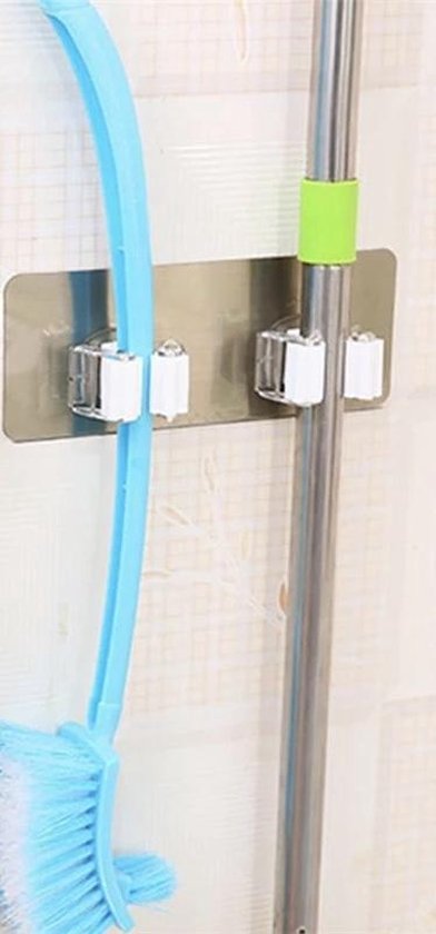 Dubbele zelfklevende wandmontage- Bezem-Mop houder-Houder voor tuinartikelen en keuken - Organizer rack- wandplank- Verpakt- Wit-Bellasupplies
