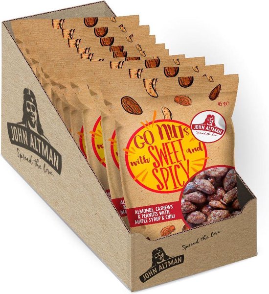 John Altman noten - Maple Syrup & chili - zoete en pittige notenmix - vegan - duurzame verpakking - 100% natuurlijk - perfect voor onderweg - geen kunstmatige toevoegingen - 10x 45g