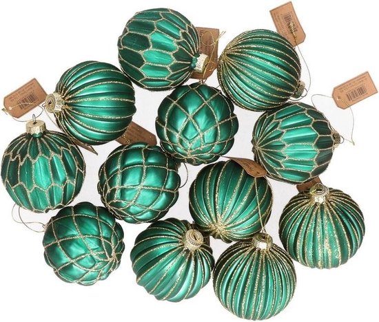 12x Turquoise blauwe glazen kerstballen met gouden decoratie 8 cm - Kerstboom versiering/decoratie - Kerstballen glas turquoise blauw 12x