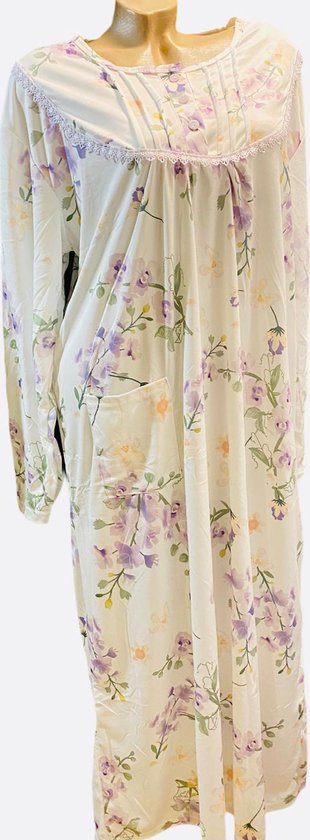 Dames nachthemd lang model met lange mouwen L 40-44 wit/paars