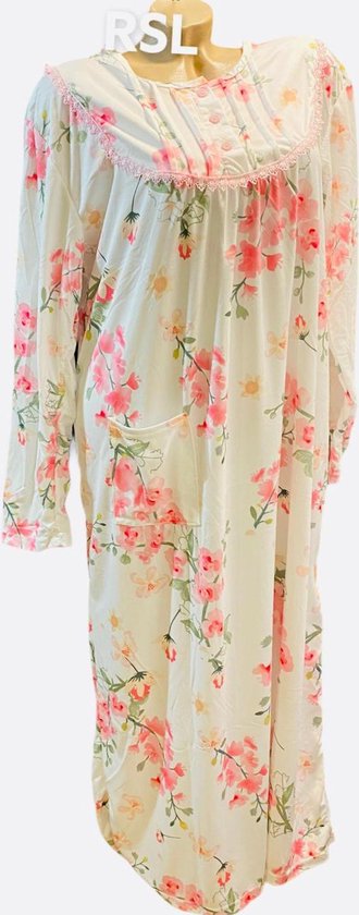 Dames nachthemd lang model met lange mouwen L 40-44 wit/roze