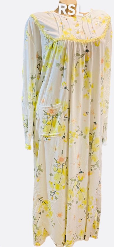 Dames nachthemd lang model met lange mouwen L 40-44 wit/geel