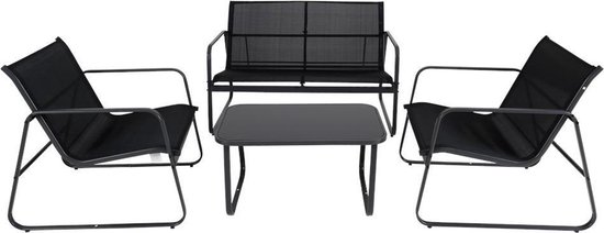 Vivre pour Vivre Tuin Meubelen Loungeset - 4 Persoons - Tuinset - Comfort - Zwart - Tafel Glazen Blad - Stoelen - Sofa - Bank - 4-delig