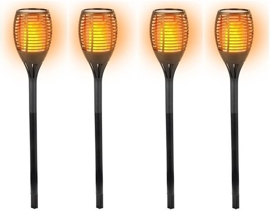 Set van 4x stuks solar LED tuinfakkel zwart 77 cm - Tuinverlichting/tuindecoratie led fakkels