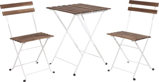 3-delige Bistroset Metaal - Tafel met 2 klapstoelen - Wit / Hout