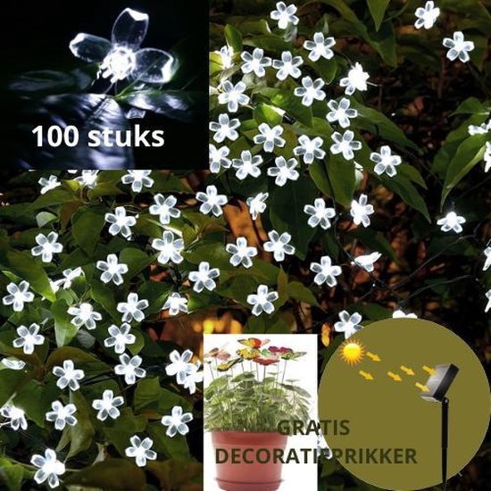 ?BrenLux® Lichtsnoer sfeerverlichting – Verlichtingslinger zonne-energie - Solar 12m 100 bloemen – Slinger op zonne-energie - GRATIS decoratie - Tuinverlichting - Tuindecoratie - Waterproof verlichting bloem – Feestelijke verlichting – Wit lich