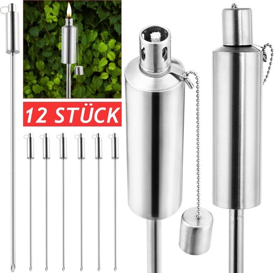 12x Tuinfakkel Oliefakkel – Edelstaal – Tuinverlichting – 115 cm hoog - Zilver