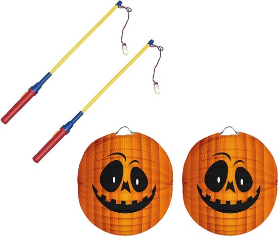 2x stuks ronde lampion 22 cm pompoen met lampionstokjes - Halloween trick or treat lampionnen versiering