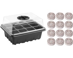 Kiempot - Kiembakje - Kiemset - Zaailing Set - Zaailing Schaal - Herbruikbaar - Met hoge deksel en ventilatie - Kasset - Voor kamerplanten of vensterbanken - Zwart - 12 vakken - Met 12 zaaiblokjes