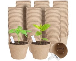 50 stuks - Turfpotjes - Biologisch afbreekbare potjes voor zaailingen - zaaibakjes voor de tuin - met drainagegaten - met 20 plantenlabels - voor het ontkiemen van bloemen, groenten, boompjes en kruiden - 6×6cm - bruin