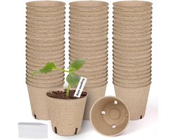 Kweektafel - Zaaitray - 50st Biologisch Afbreekbare Potjes 8 cm - Met Drainagegaten - 20 Plantetiketten - Perfect voor Zaden, Kruiden & Groenten - Geschikt voor Binnen en Buiten - Duurzaam & Milieuvriendelijk