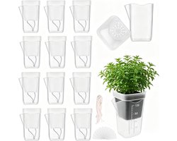 Zelfwaterende Bloempot Transparant 12 Stuks - Bloempot met Bewateringssysteem en Katoenen Lont - Mini Kweekpotten voor Stekjes en Kruidenpot voor Keuken - Plastic Kweekset met Plantenlabels voor Alocasia en Kamerplanten - 10x10x7cm